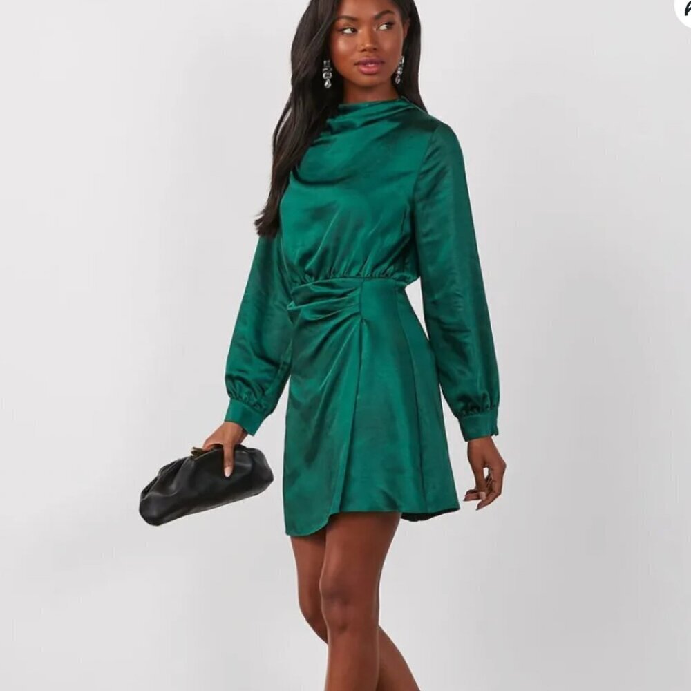 NWT Olia Green Satin Long Sleeve Mini Dress